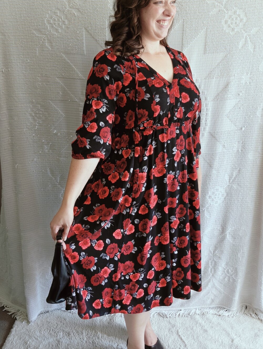 Torrid Size 0 (US 12) Black Red Rose Floral Challis Midi Dress | Balloon Sleeve